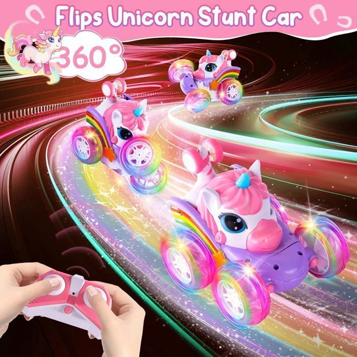 Coche teledirigido para niños - OEM - Unicornio 4WD - Luces LED - Acrobacias de 360° - Recargable por USB