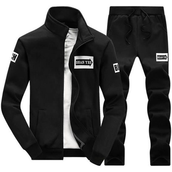 Survêtement Homme 2 Pièces Ensemble à Manches Longues Zippé Garçon Jogging Sport Décontracté Veste+Pantalon Noir