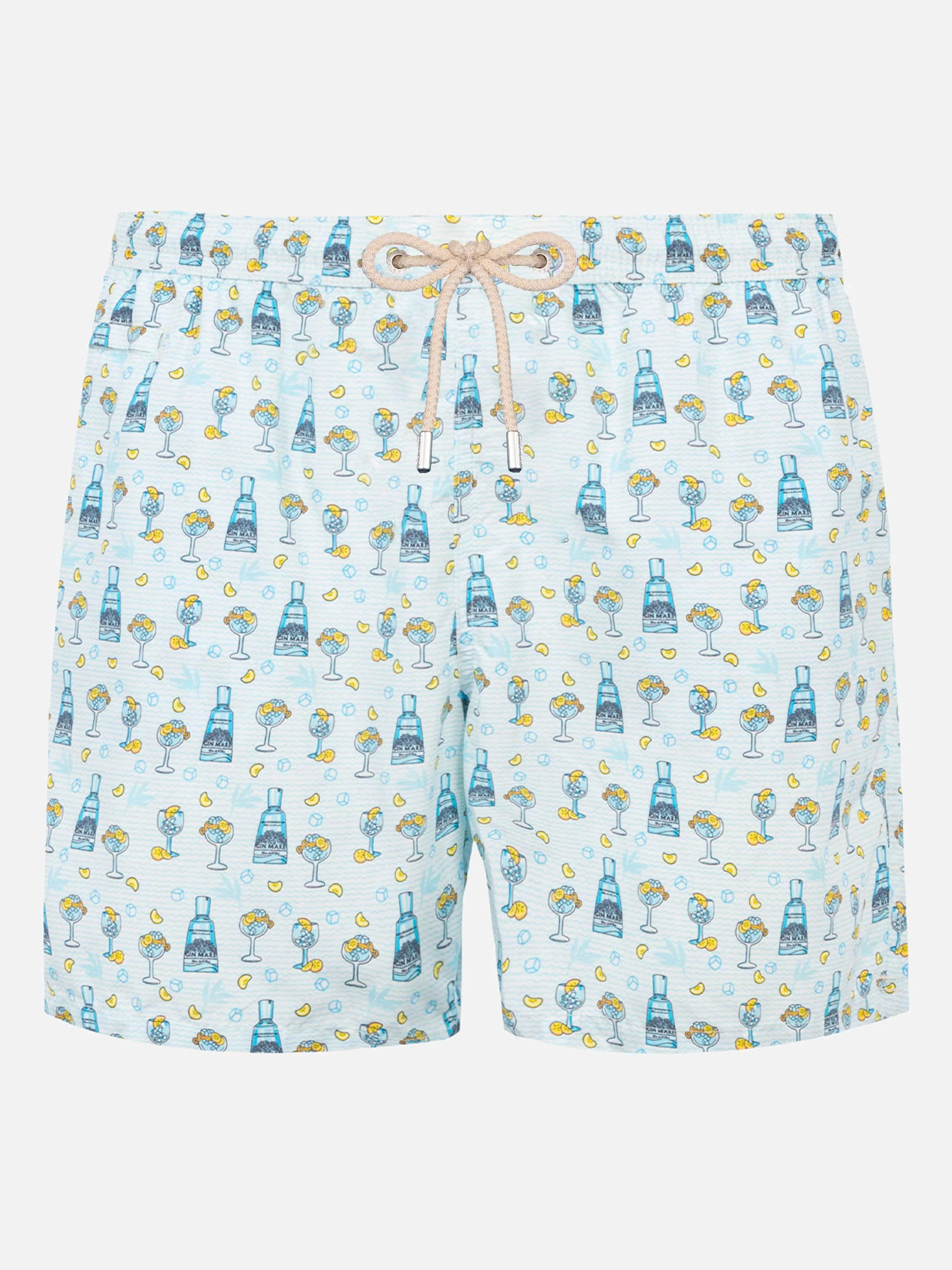 Man Classic Swim Shorts with Gin Print | Gin Mare Special Edition | Quick Drying | Mid-Length | Elastic Waistband | Drawstring | MC2 Saint Barth