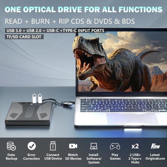External Blu-ray drive with USB 3.0 & Type-C, supports 100GB discs, compatible with PCs/laptops.