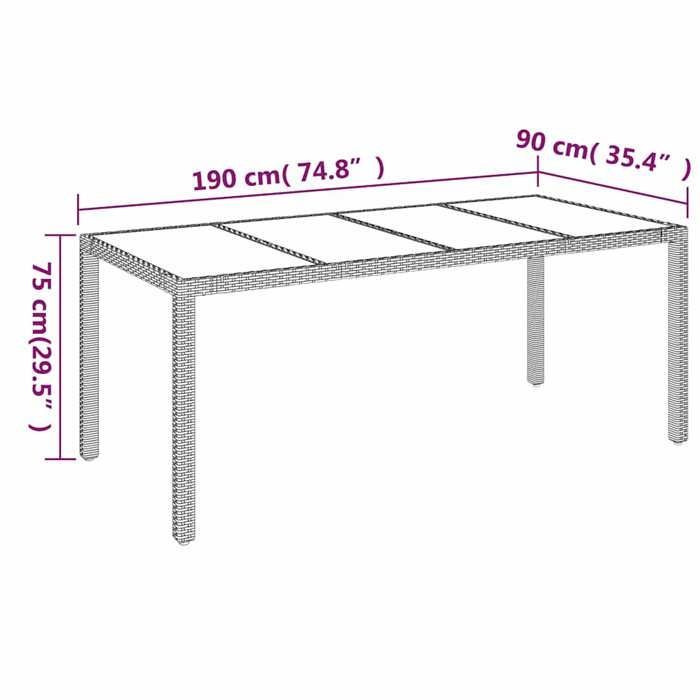 Mesa de jardín vidaXL con tablero de cristal, gris, 190x90x75cm, resina tejida, muebles de jardín, muebles de exterior, mesa, 319904