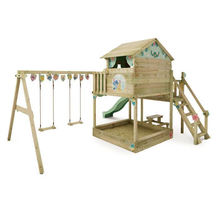 Aire de jeux WICKEY Disney Quest Lilo et Stitch – Toboggan 220 cm, balançoire & mur d’escalade – Garantie 10 ans*