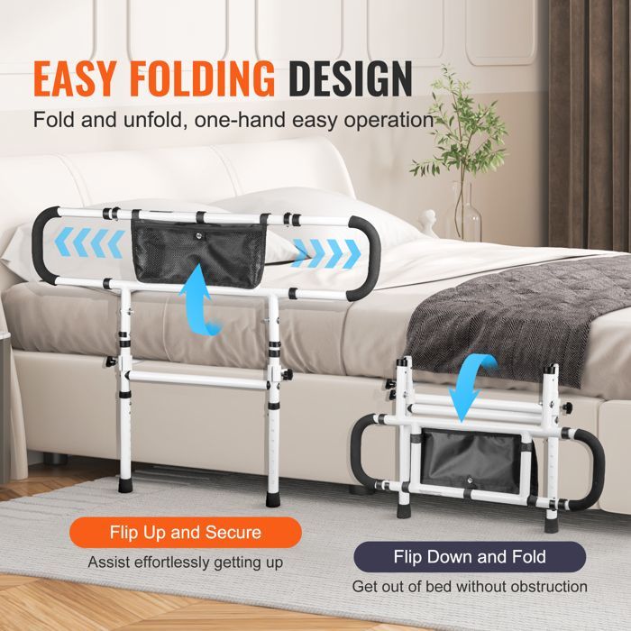 Barandilla de cama plegable VEVOR para adultos y personas mayores - Capacidad de carga de 204 kg - Asa ajustable en 4 niveles - Bolsillo de almacenamiento