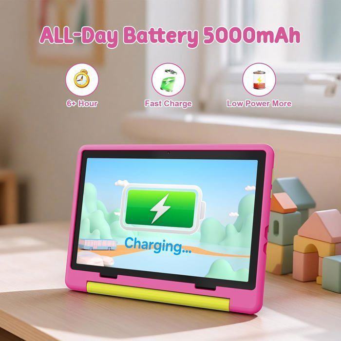 Tablette Enfant 10'' Android 15, 64Go ROM Extensible à 1To, Contrôle Parental, inclut Clavier, Stylet et Étui de Protection, Rose