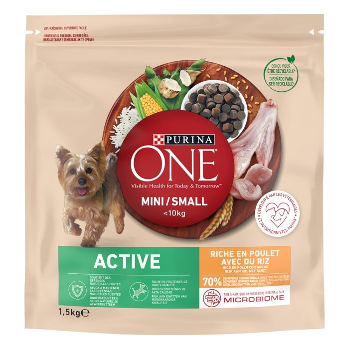 PURINA ONE MINI Active - Riche en Poulet, Avec du Riz - 6x1,5kg - Croquettes pour chiens actifs de petite taille (1-10kg)