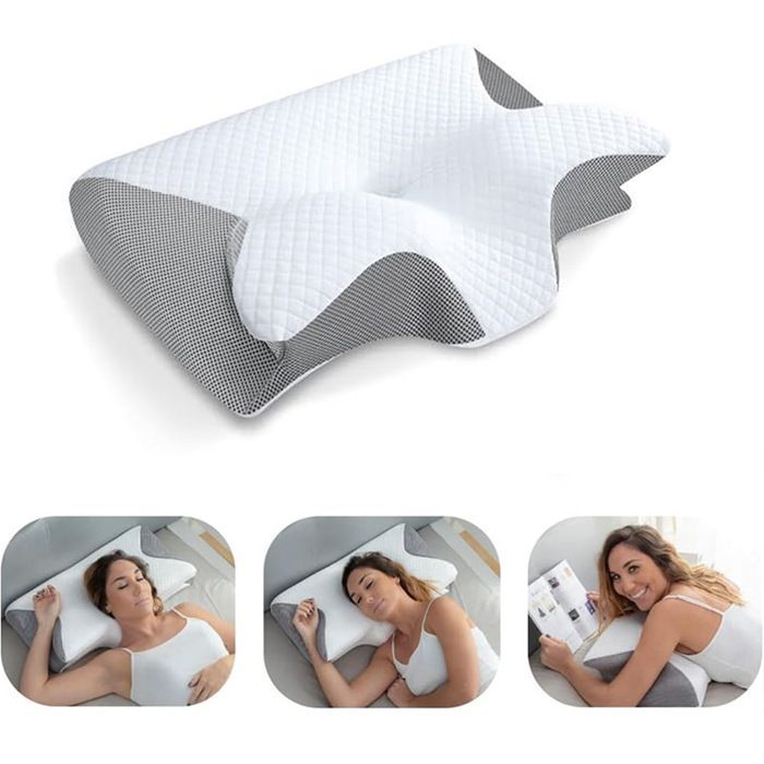 Almohada cervical 2 en 1 de espuma viscoelástica, de recuperación lenta, ergonómica, gris y blanca.