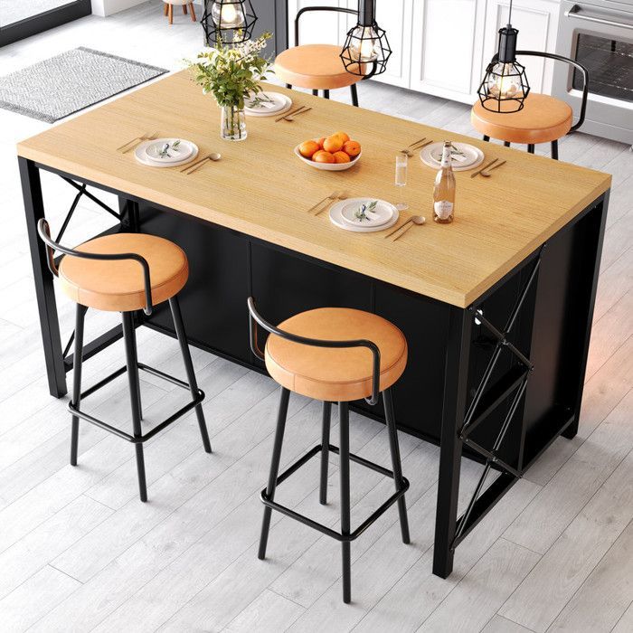 Luscriate - Îlot de Cuisine avec 4 Tabourets de Bar, Ensemble Complet avec Rangement Tiroirs et Placards, Plan de Travail, LED