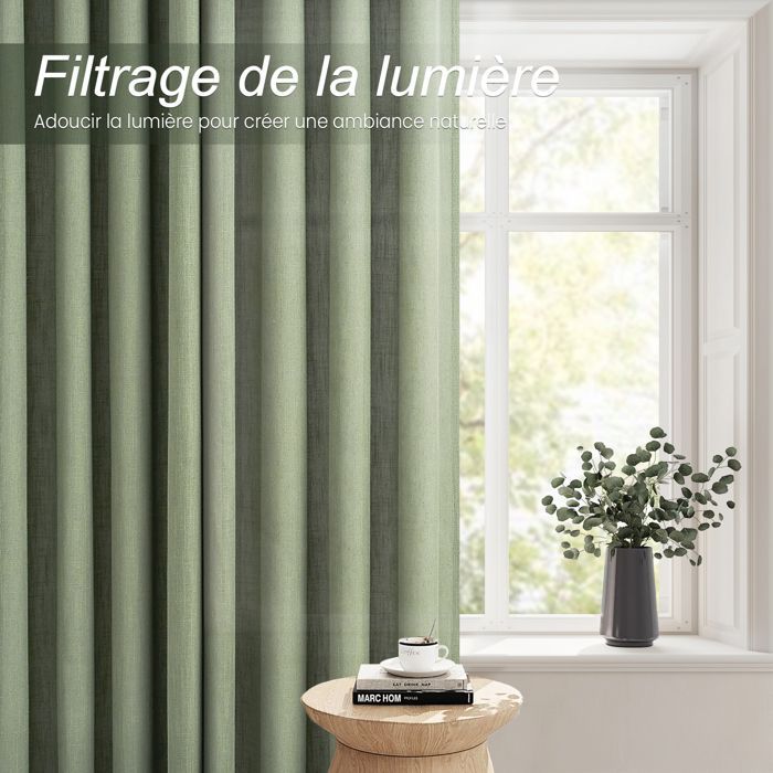 Topfinel Rideaux en Lin 140x160cm Rideaux Courts de Salon Rideau Voilage Fenetre Semi-Transparent Avec Œillets Vert Sauge Lot de 2