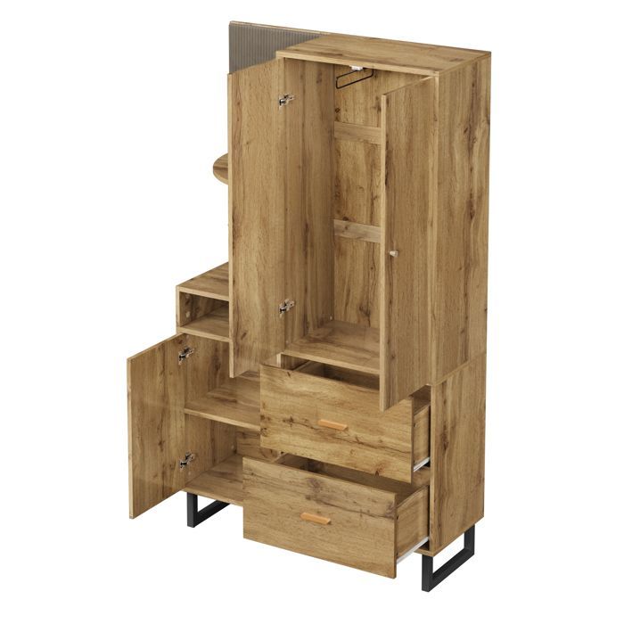 Garderobenset für den Eingangsbereich, 110 x 38 x 186 cm – 3 Türen und 2 Schubladen – Kleiderschrank mit Kleiderstange – Schuhbank – Natur