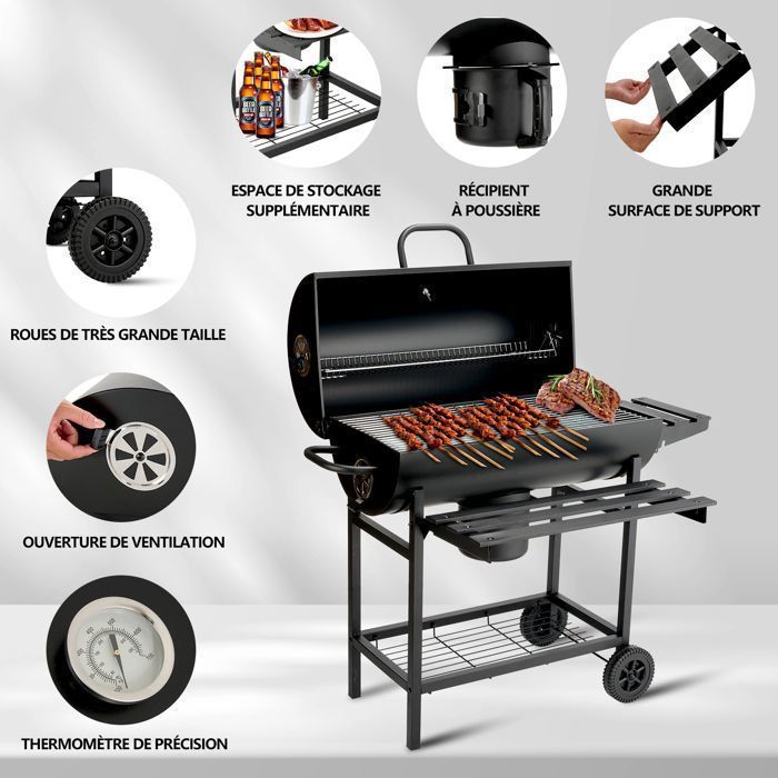 Houtskoolbarbecue - TEENO - XXL Grill - Deksel - Ingebouwde thermometer - Kookoppervlak van 70x35 cm