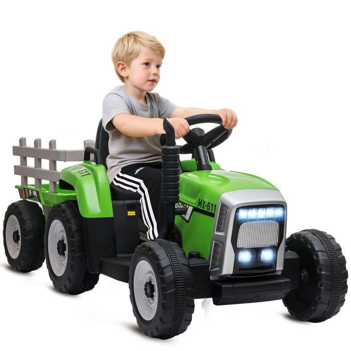 Electric Tractor - HOMCOM - with detachable trailer - with remote control, MP3 music player, display, and lights - for children aged 3-6 years - green