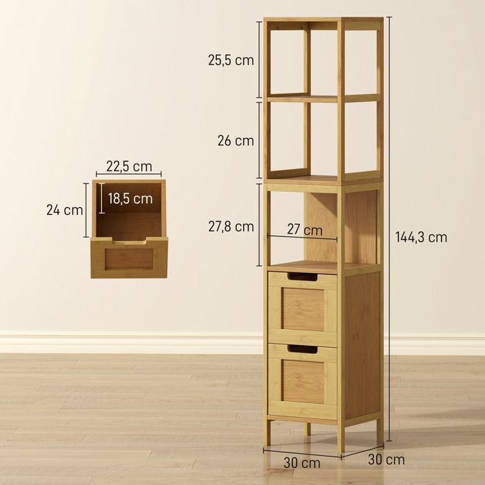Meuble colonne - kleankin - rangement salle de bain style cosy 3 étagères 2 tiroirs - bambou - 30x30x144cm - naturel