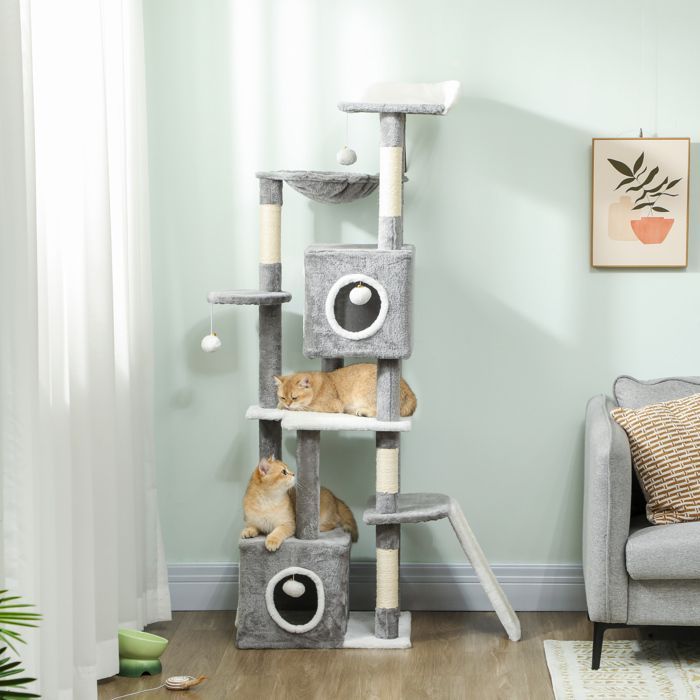 Arbre à chat - tour de jeux pour chats - PawHut - griffoir et poteaux en sisal,  2 niches, plateformes - hauteur 165 cm - gris