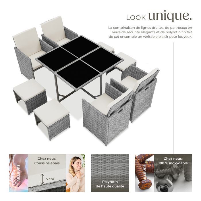 GARDEN TABLE AND CHAIR SET - TECTAKE - BILBAO Garden Lounge Set for 4 to 8 People, Foldable, Protective Cover Included - Light Grey