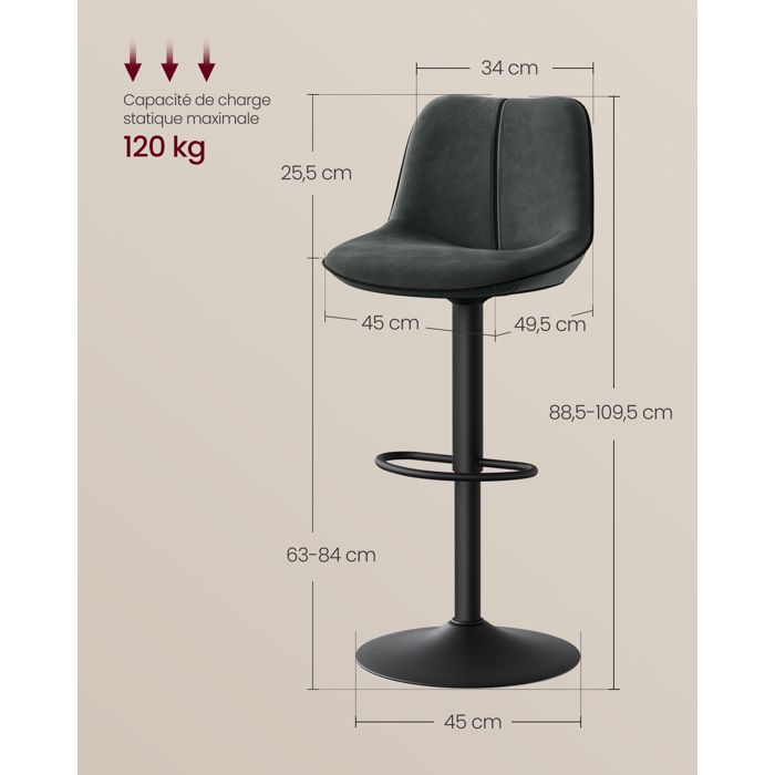 Tabourets de Bar Pivotants - Lot de 2 - Réglables - Velours Gris Anthracite - Base Métallique
