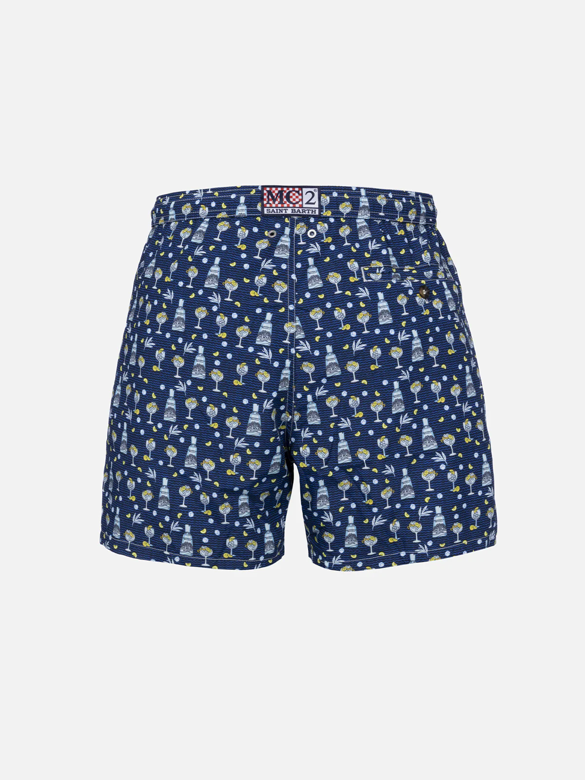 Man Lighting Mid-Length Swim Shorts – Quick-Drying, Gin Mare All-Over Print, Recycled Polyester & Adjustable Drawcord | MC2 Saint Barth