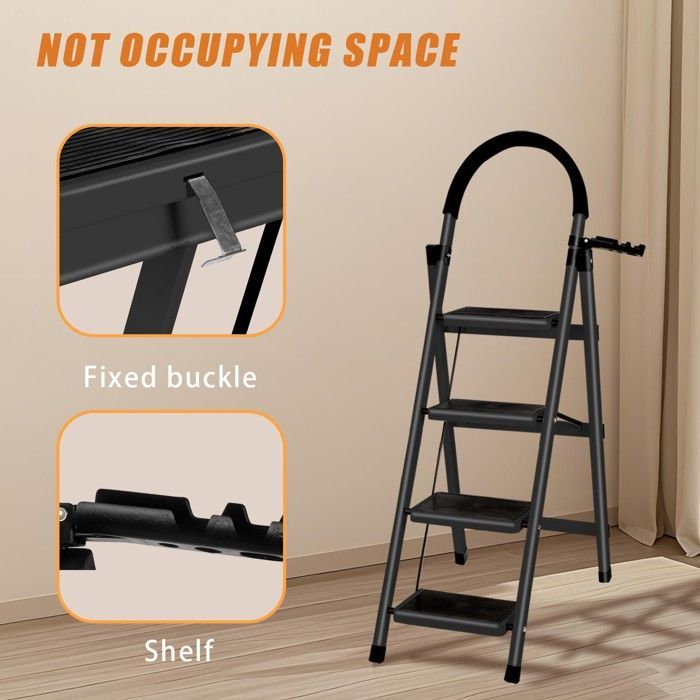 4-treden huishoudladder - MIPAN - Opvouwbare trapladder met antislip voetplaat - Staal - 133*74*39cm - Zwart