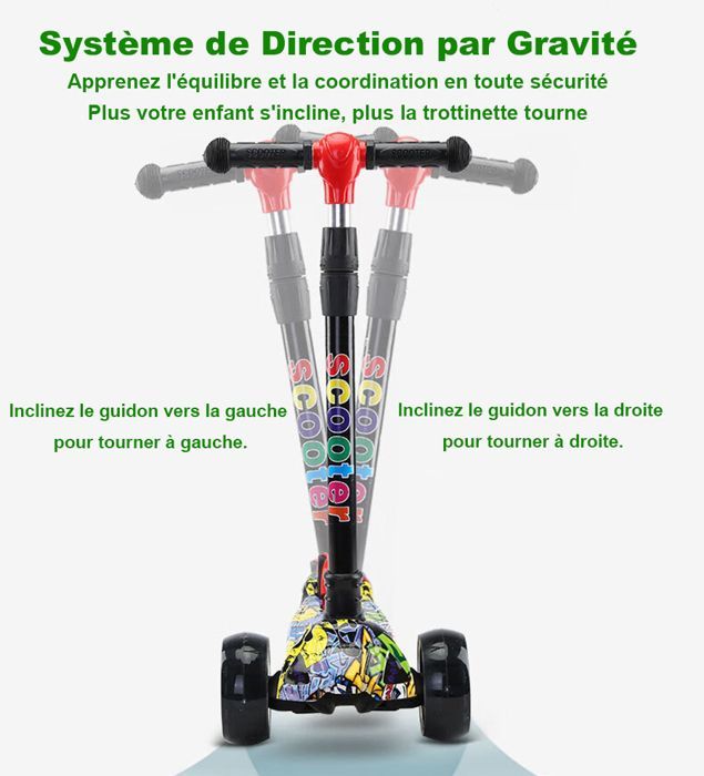 Trottinette Enfants avec Lumières et Musique Siège Amovible & Pliable Roues Larges Hauteur Réglable Capacité Max 100 kg,