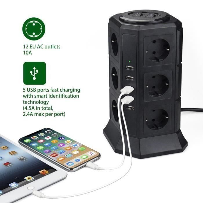 Multipresa a torre BLEOSAN con protezione da sovratensione, 12 prese e 5 porte USB (4,5 A) - Cavo da 2 m - Nera
