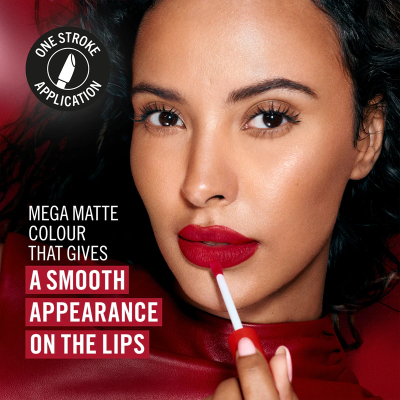 Batom líquido matte leve Rimmel Lasting Mega Matte com duração de 16 horas.