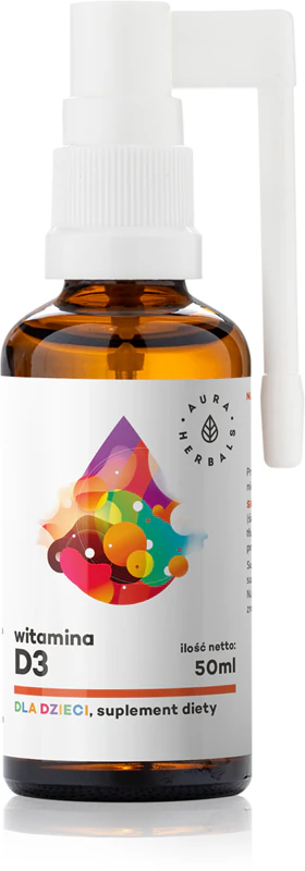 spray de suplemento alimentar Aura Herbals Vitamina D3 para crianças promove o bom funcionamento do sistema imunológico, a saúde óssea e a função muscular.