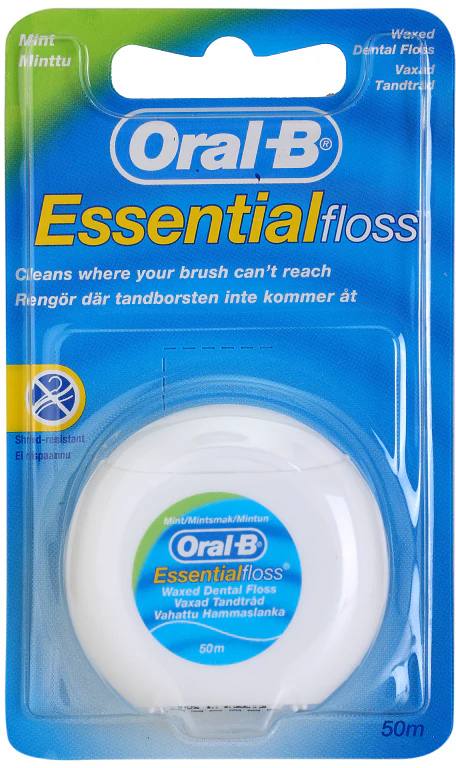 Fio dental Oral-B Essential Floss com sabor de menta e encerado.