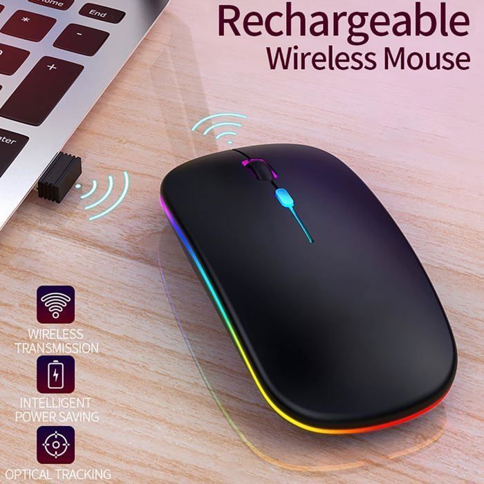 Souris sans Fil, Bluetooth - récepteur USB 2,4 GHz - Rechargeable, pour PC et Ordinateur Portable Compatible, Noir