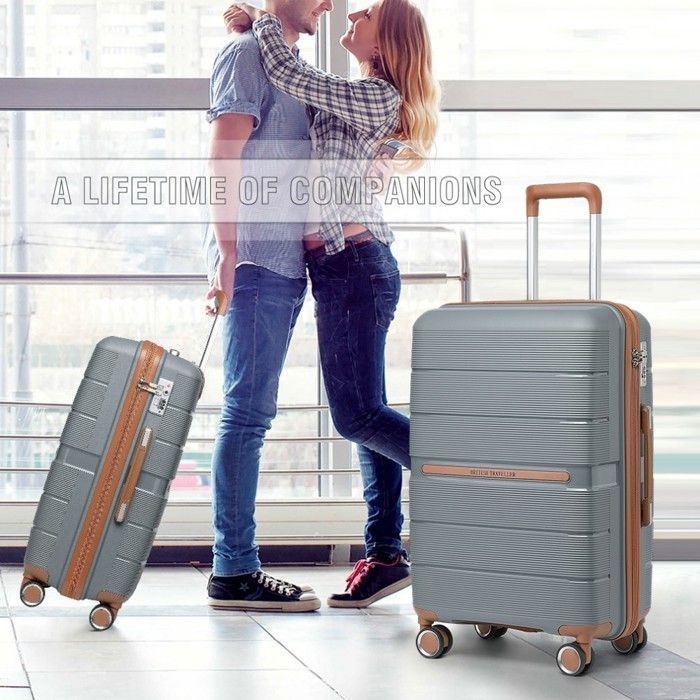 Grote koffer van British Traveller, 76x50x31 cm, harde schaal, geschikt voor inchecken, gemaakt van polypropyleen, met 4 wielen en TSA-slot, grijs.