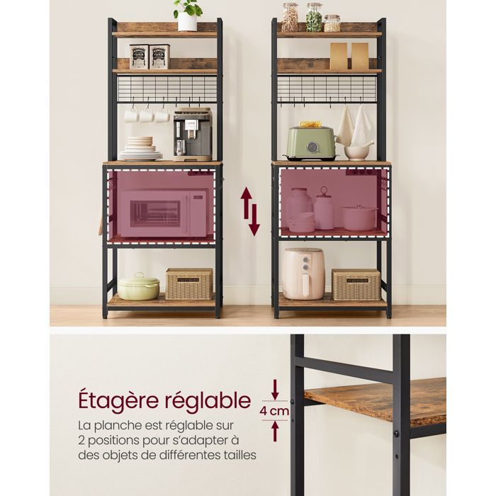 Carrito de cocina con regleta, 40 x 60 x 170 cm, marrón rústico y negro.