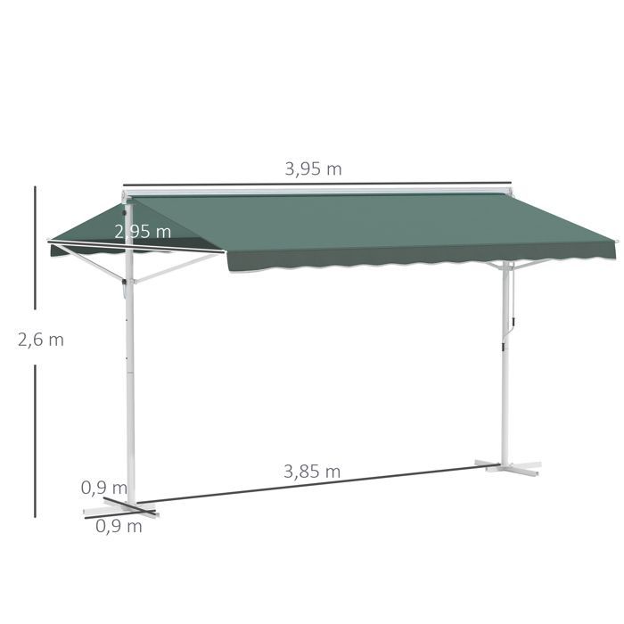 Store double pente - Outsunny - 4x3 m manuel rétractable inclinaison réglable imperméable - métal - vert foncé