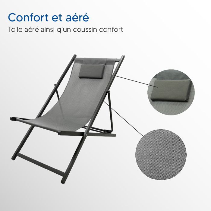 Chaise chilienne pliante 94x61 cm textilène anthracite – 5 positions