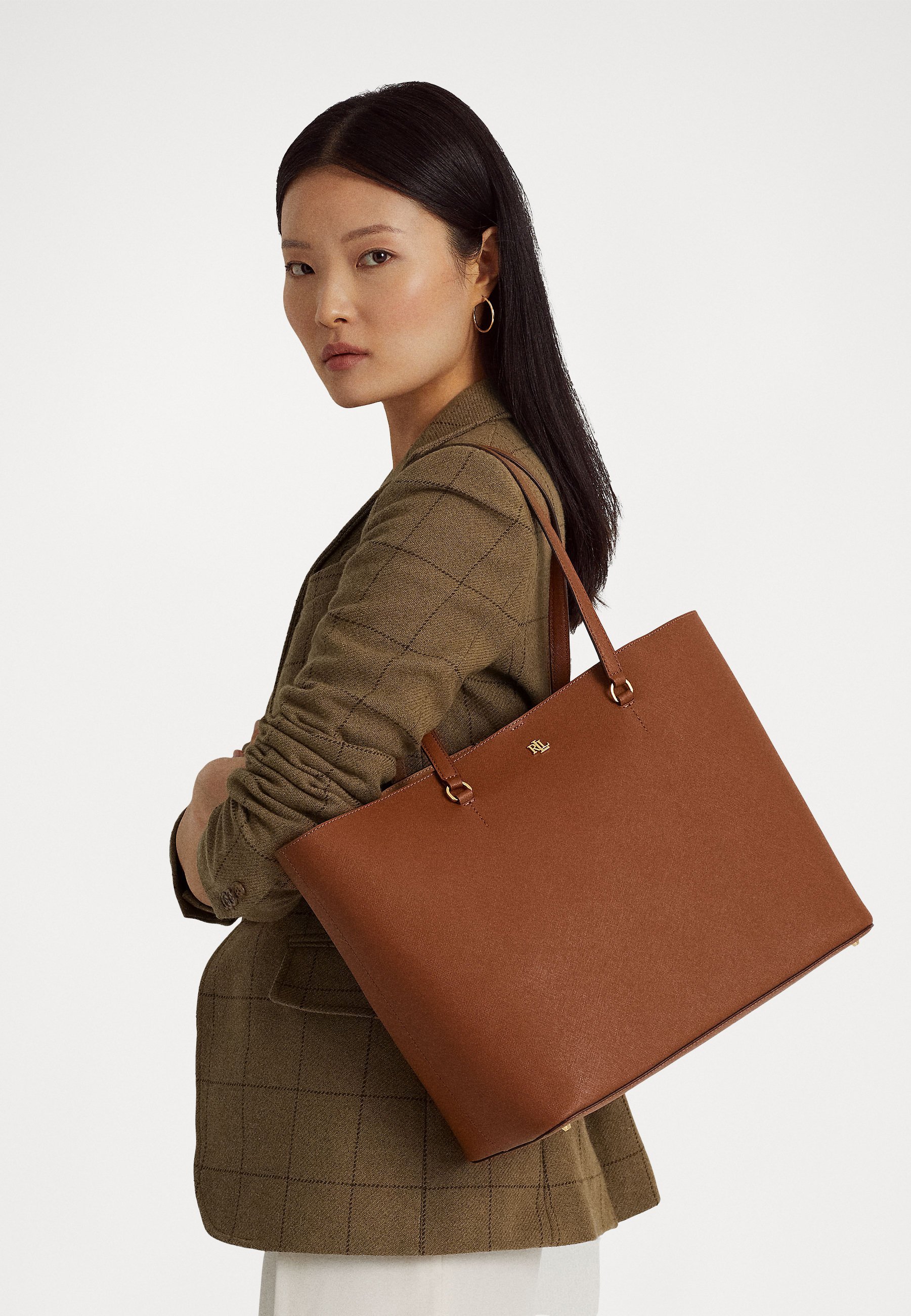 Lauren Ralph Lauren CROSSHATCH LEATHER LARGE KARLY TOTE - Tote bag - bruin
