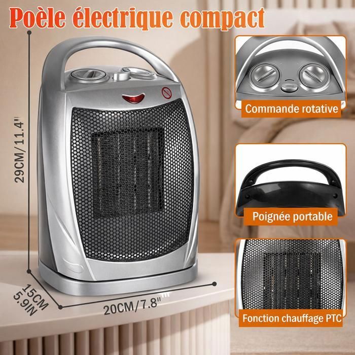 Riscaldatore ausiliario da 1500 W, riscaldamento rapido, funzionamento silenzioso, riscaldatore oscillante, 2 impostazioni di calore, sistema di sicurezza antiribaltamento.