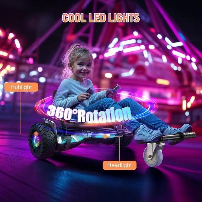 Hoverboard with integrated seat, 8.5 inches with Bluetooth speaker and LED lights for children (including pedal kart) Silver