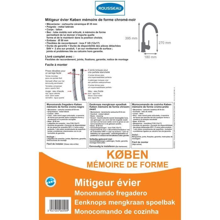 Edouard Rousseau - Grifo mezclador de cocina KOBEN Shape Memory - Negro/Cromo