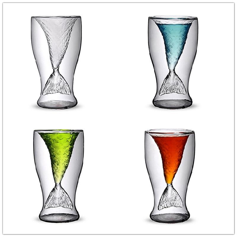 Tazza in vetro a doppia resistenza termica a forma di sirena, 50 ml, 100 ml, in vetro borosilicato di alta qualità, a forma di coda di pesce, a forma di bottiglia, a forma di coda di pesce, da bar, per whisky, 1 pezzo
