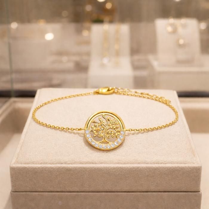 Bracelet ARBRE DE VIE Femme Plaqué Or 18 Carats & Zirconiums – Longueur Réglable 16,5-19,5cm – Bijou Poinçonné Cadeau Porte-Bonheur