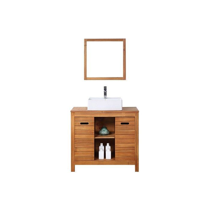 Mueble de baño de madera de acacia con lavabo individual y espejo - 90 cm - PULUKAN