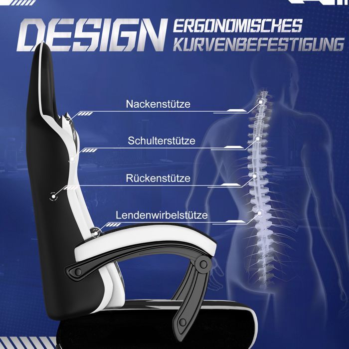 Chaise gaming, chaise de jeu ergonomique, accoudoirs réglables, repose-tête, repose-pieds, dossier, Noir/Blanc，jusqu'à 150Kg Light