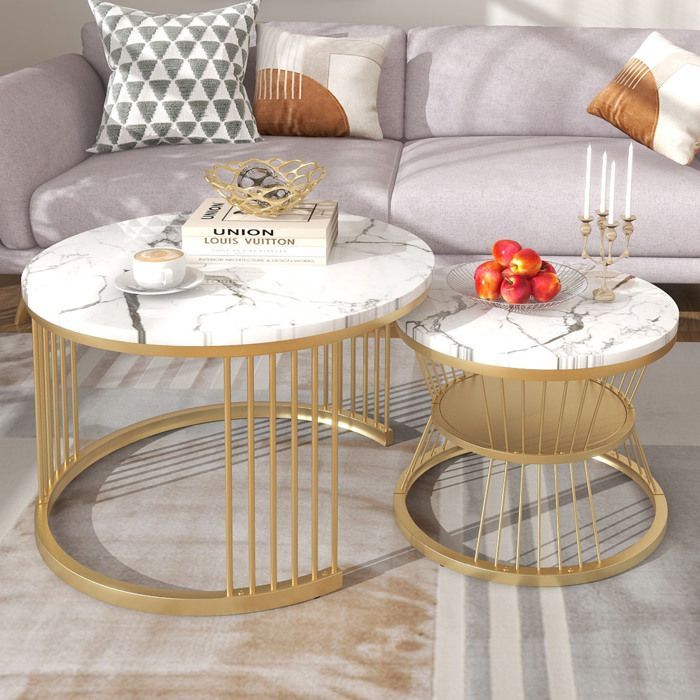 Mesa de centro - Juego de 2 mesas de centro - Estilo moderno - Redondas - Blancas y doradas - Mesas de centro apilables - Madera de mármol y patas de metal - 70/45