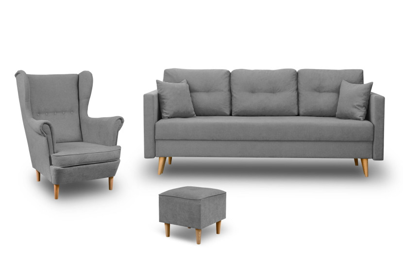 Zestaw skandynawski sofa fotel podnóżek Lahti/Denver Szary