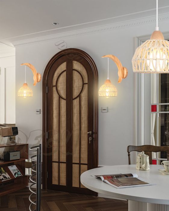 IDEGU 2pcs Applique Murale Réglable en Bois et Rotin Lampe Murale Vintage Design Croissant en Cage avec Suport Lune en Bois,Blanc