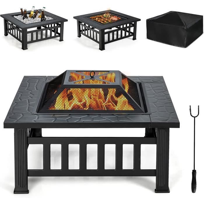 Outdoor Fire Pit Barbecue - RELAX4LIFE - 3 in 1 - Barbecue Net - Poker - Lid - 6 Ventilation Holes - 81X81X50CM