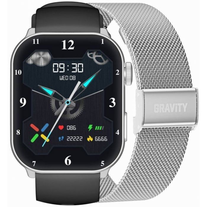 Relógio inteligente retangular feminino GRAVITY GT28-9, 50x40 mm, preto - 2 pulseiras (preta, prateada)