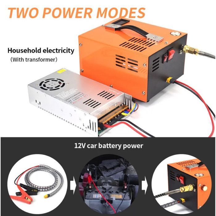 Portable PCP Compressor 4500 PSI / 30Mbar, Dual Power Supply 12V DC and 220V 300W 68L/min, Built-in Fan, Display