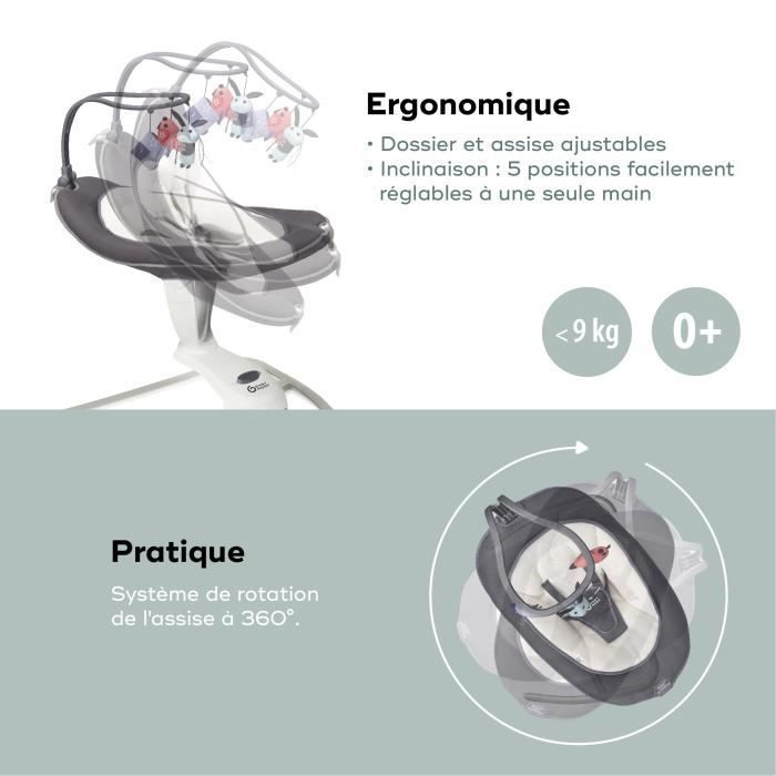 Babymoov Balancelle Bébé Electrique Swoon Motion, Assise à 360° - 5 vitesses - Réducteur & Arche inclus - 8 Berçeuses, Zinc