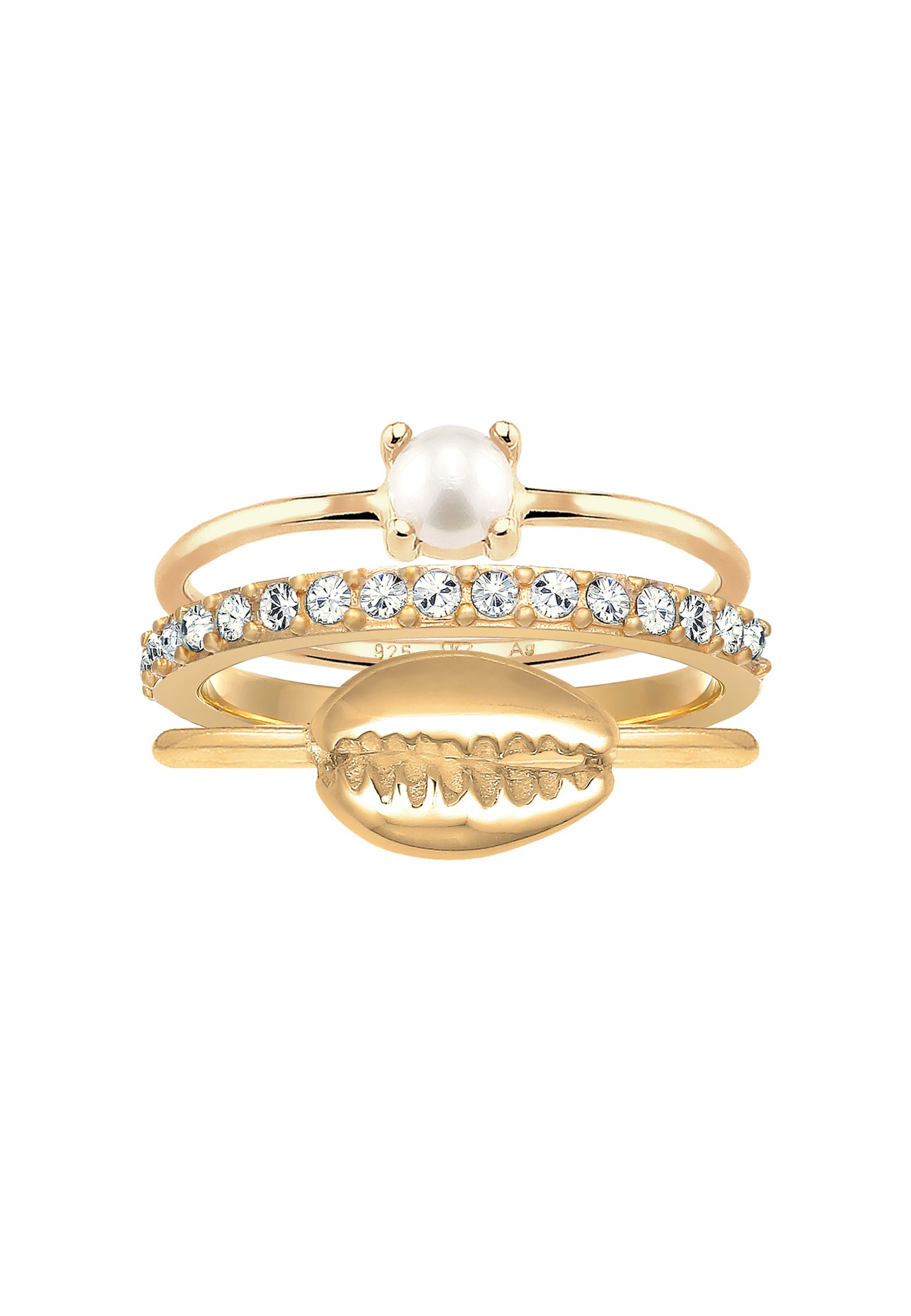 Elli Femmes pile coquillage set avec Perles de Culture d'Eau Douce et cristaux en argent sterling 925 plaqué or
