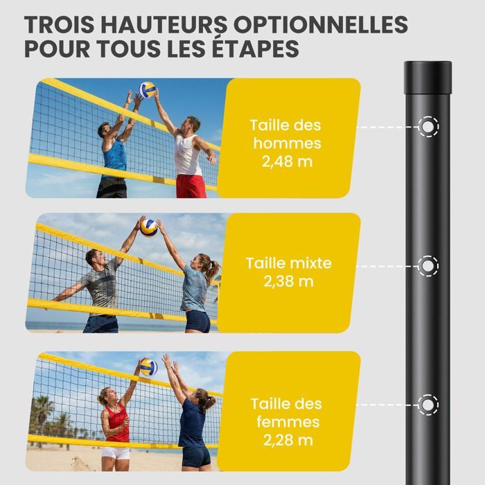 Ensemble de Volley-Ball et Badminton - SPORTNOW - Poteaux en Acier Hauteur Réglable - Raquettes et Volants - Acier - Noir