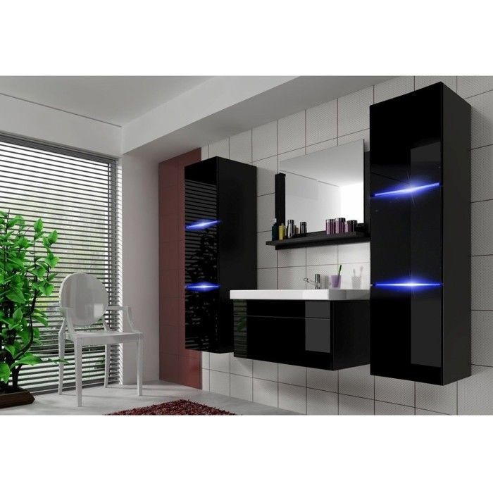 Ensemble meubles de salle de bain noir collection RAVEN. 2 colonnes, meuble sous vasque, vasque 60cm, miroir, siphon et leds