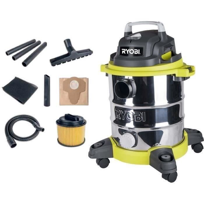 RYOBI - Aspirateur eau et poussière 1 250 W - cuve Inox 20 L - dépression 20,5 kPa - Avec filtre, extension, suceur - RVC-1220I-G